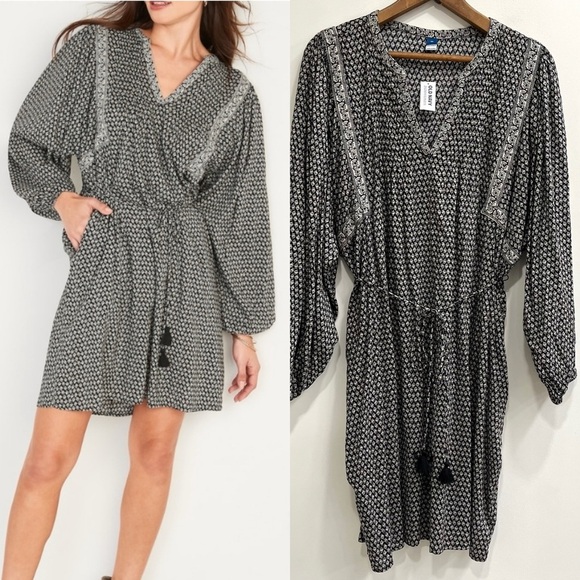 Old Navy Oversized Long Sleeve Printed Mini Dress Peasant Belted Balloon XXL - Picture 1 of 14